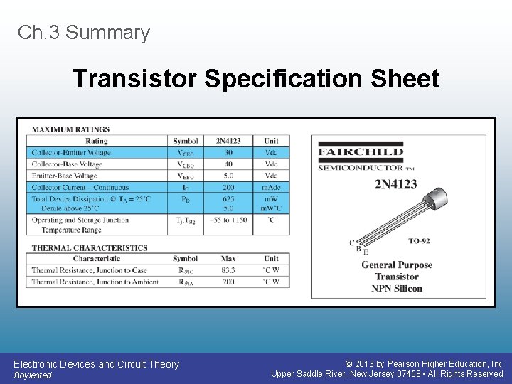 Ch. 3 Summary Transistor Specification Sheet Electronic Devices and Circuit Theory Boylestad © 2013