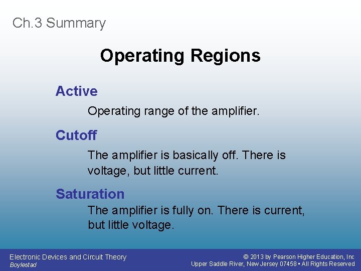 Ch. 3 Summary Operating Regions Active Operating range of the amplifier. Cutoff The amplifier