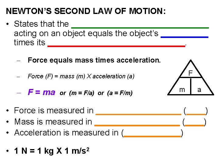 NEWTON’S SECOND LAW OF MOTION: • States that the _______________ acting on an object