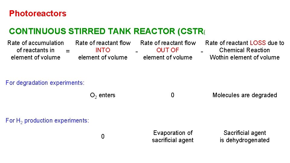 Photoreactors CONTINUOUS STIRRED TANK REACTOR (CSTR( Rate of accumulation of reactants in element of