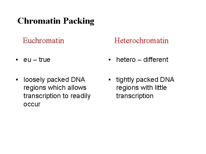 Chromatin Packing Euchromatin Heterochromatin • eu – true • hetero – different • loosely