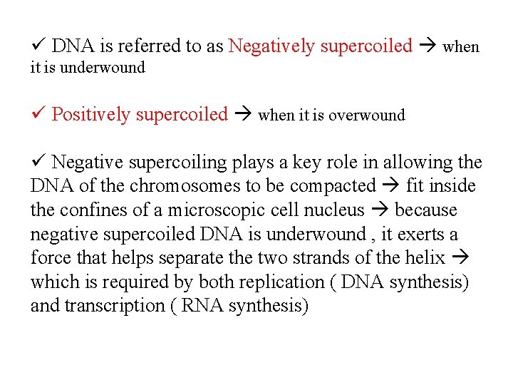 ü DNA is referred to as Negatively supercoiled when it is underwound ü Positively