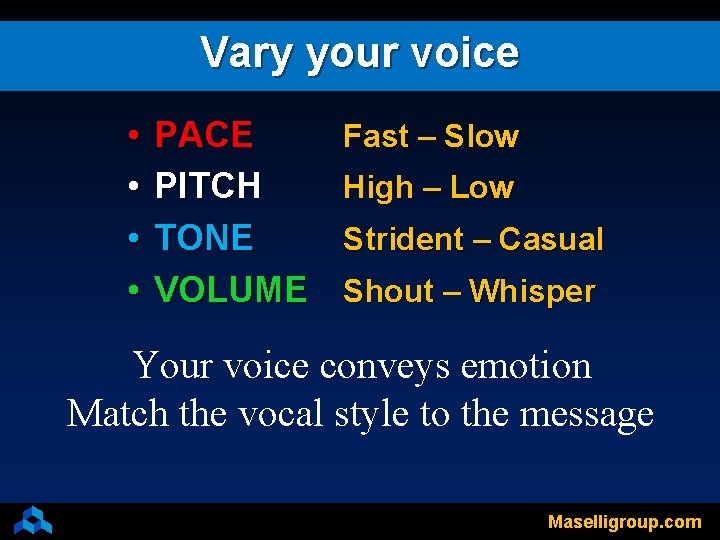 Vary your voice • • PACE PITCH TONE VOLUME Fast – Slow High –