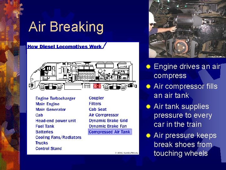 Air Breaking Engine drives an air compress ® Air compressor fills an air tank