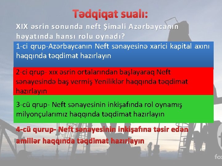 Tədqiqat sualı: XIX əsrin sonunda neft Şimali Azərbaycanın həyatında hansı rolu oynadı? 1 -ci