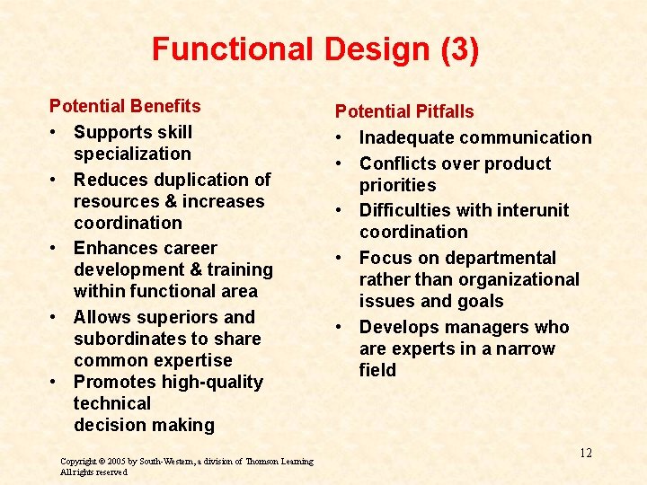 Functional Design (3) Potential Benefits • Supports skill specialization • Reduces duplication of resources