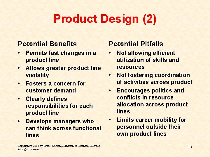 Product Design (2) Potential Benefits Potential Pitfalls • Permits fast changes in a product