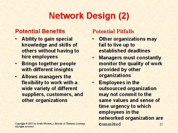 Network Design (2) Potential Benefits Potential Pitfalls • Ability to gain special knowledge and