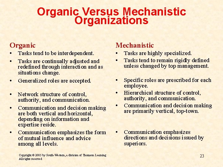 Organic Versus Mechanistic Organizations Organic Mechanistic • • Tasks tend to be interdependent. Tasks