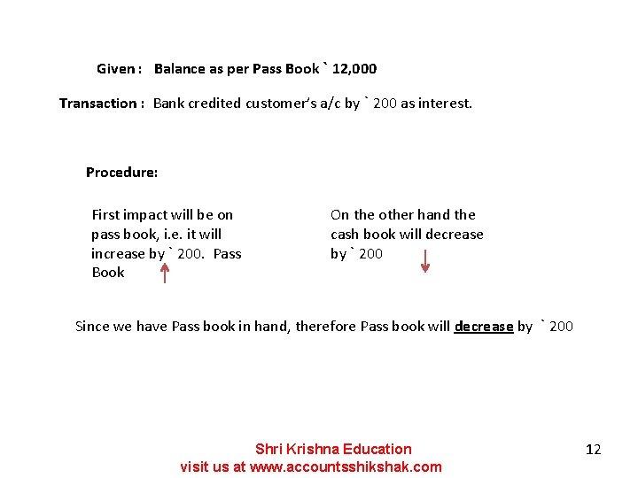 Given : Balance as per Pass Book ` 12, 000 Transaction : Bank credited