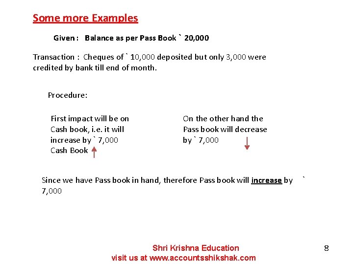 Some more Examples Given : Balance as per Pass Book ` 20, 000 Transaction