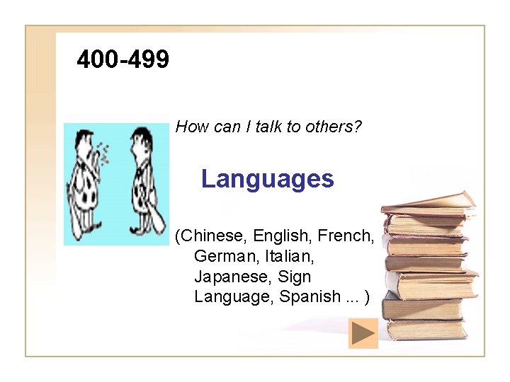 400 -499 How can I talk to others? Languages (Chinese, English, French, German, Italian,