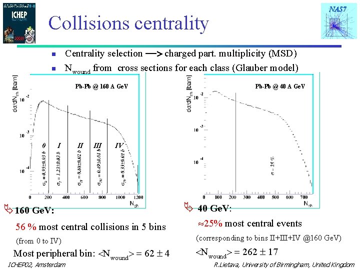 NA 57 Collisions centrality Centrality selection -- charged part. multiplicity (MSD) Nwound from cross