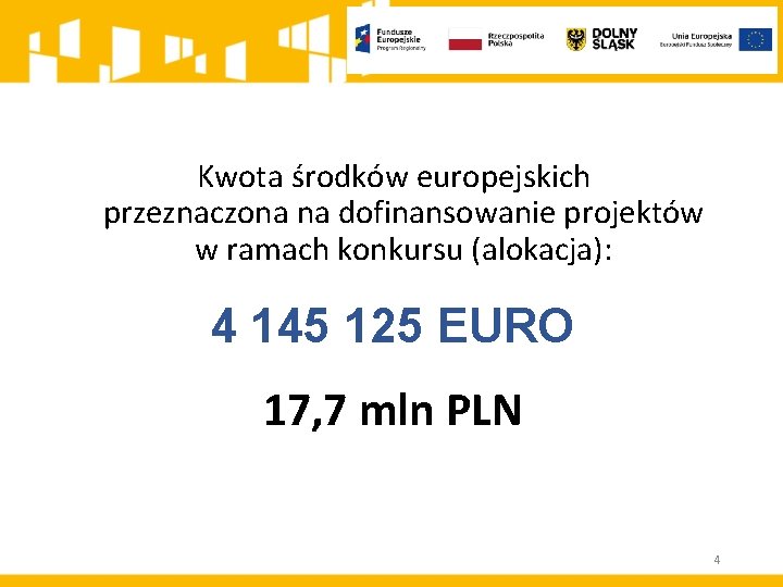 Kwota środków europejskich przeznaczona na dofinansowanie projektów w ramach konkursu (alokacja): 4 145 125