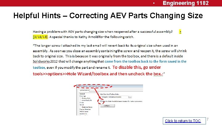  • Engineering 1182 Helpful Hints – Correcting AEV Parts Changing Size Click to