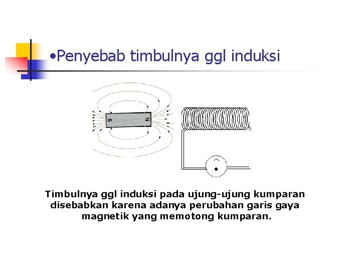  • Penyebab timbulnya ggl induksi Timbulnya ggl induksi pada ujung-ujung kumparan disebabkan karena