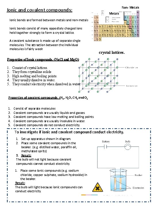 Ionic and covalent compounds: Non- Metals Ionic bonds are formed between metals and non-metals