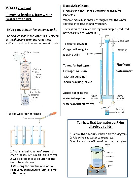 Water continued Removing hardness from water (water softening). This is done using an ion