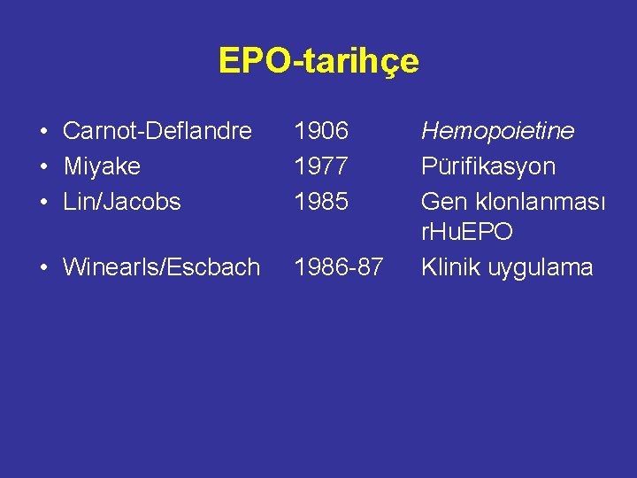 EPO-tarihçe • Carnot-Deflandre • Miyake • Lin/Jacobs 1906 1977 1985 • Winearls/Escbach 1986 -87