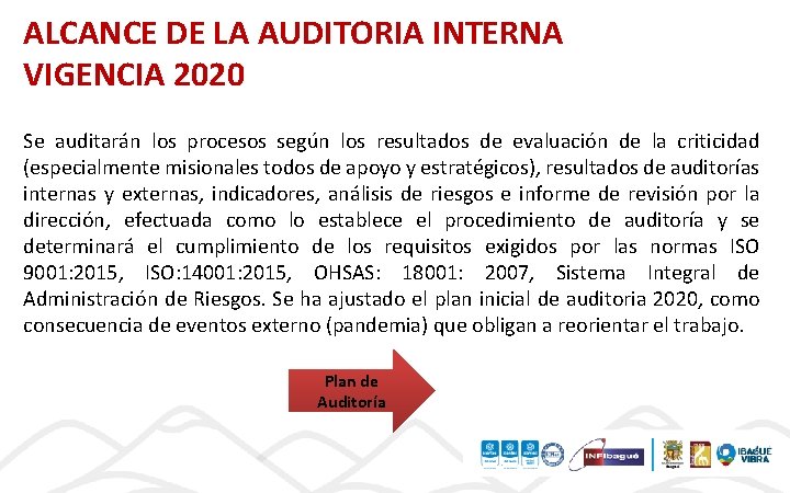ALCANCE DE LA AUDITORIA INTERNA VIGENCIA 2020 Se auditarán los procesos según los resultados
