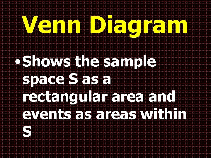 Venn Diagram • Shows the sample space S as a rectangular area and events