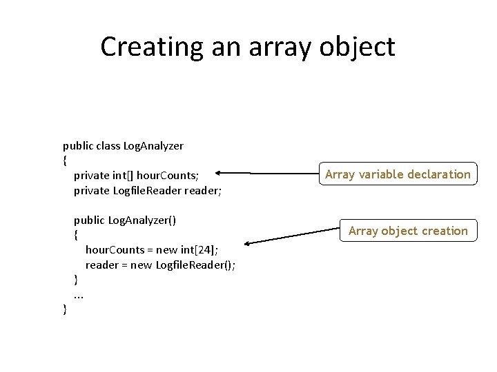 Creating an array object public class Log. Analyzer { private int[] hour. Counts; private