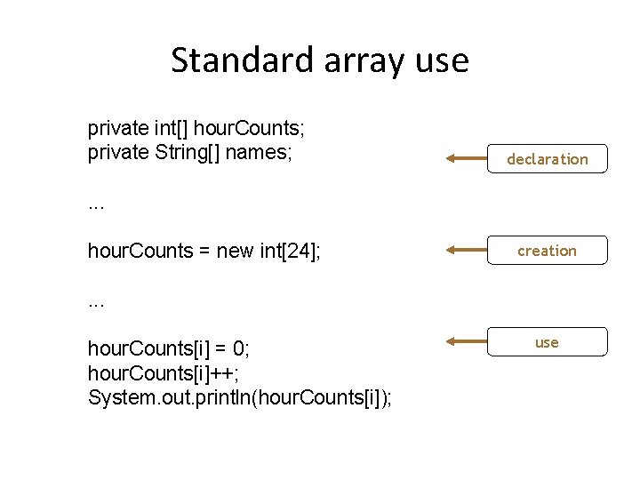 Standard array use private int[] hour. Counts; private String[] names; declaration . . .