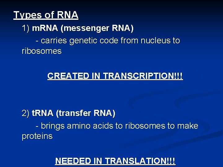 Types of RNA 1) m. RNA (messenger RNA) - carries genetic code from nucleus