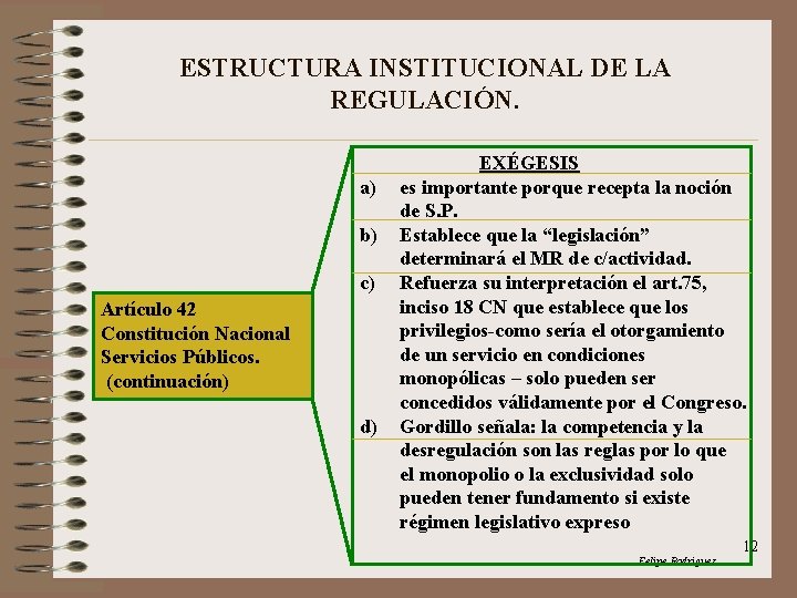 ESTRUCTURA INSTITUCIONAL DE LA REGULACIÓN. a) b) c) Artículo 42 Constitución Nacional Servicios Públicos.