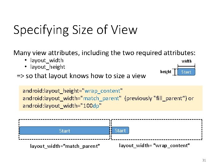 Specifying Size of View Many view attributes, including the two required attributes: • layout_width Specifying Size of View Many view attributes, including the two required attributes: • layout_width