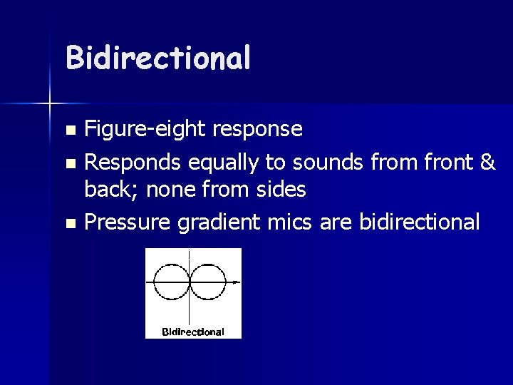 Bidirectional Figure-eight response n Responds equally to sounds from front & back; none from