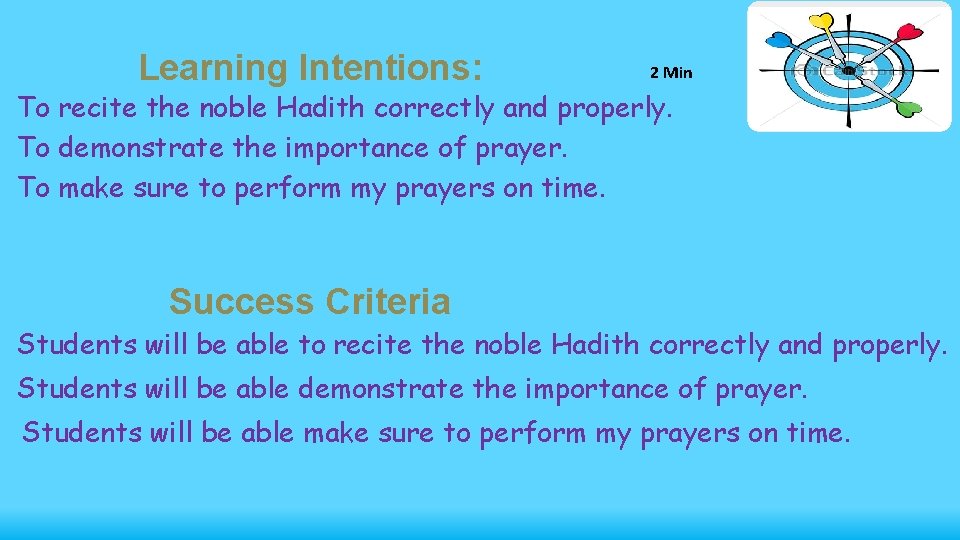 Learning Intentions: 2 Min To recite the noble Hadith correctly and properly. To demonstrate