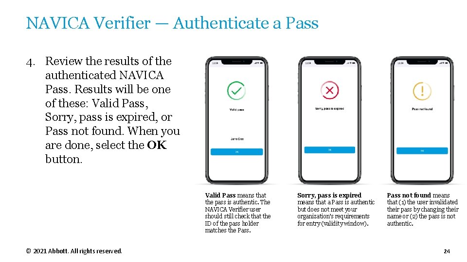 NAVICA Verifier — Authenticate a Pass 4. Review the results of the authenticated NAVICA NAVICA Verifier — Authenticate a Pass 4. Review the results of the authenticated NAVICA