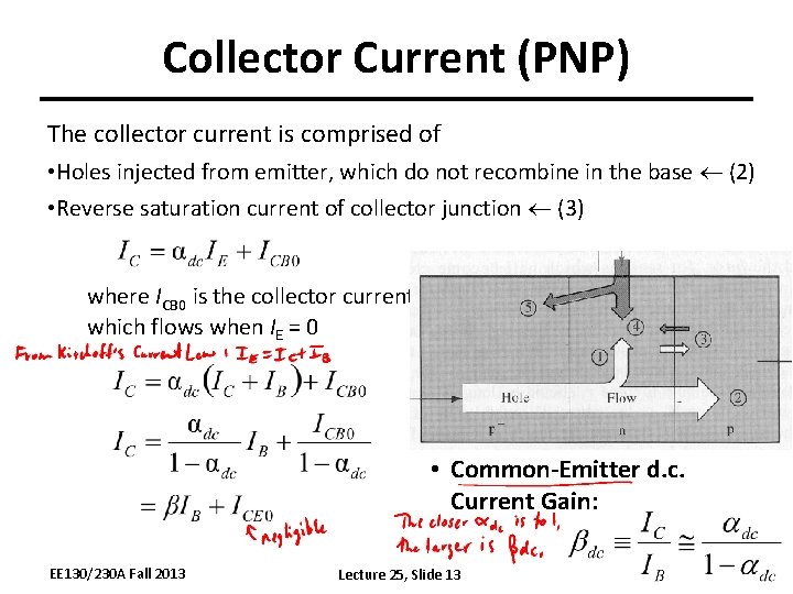 Collector Current (PNP) The collector current is comprised of • Holes injected from emitter,