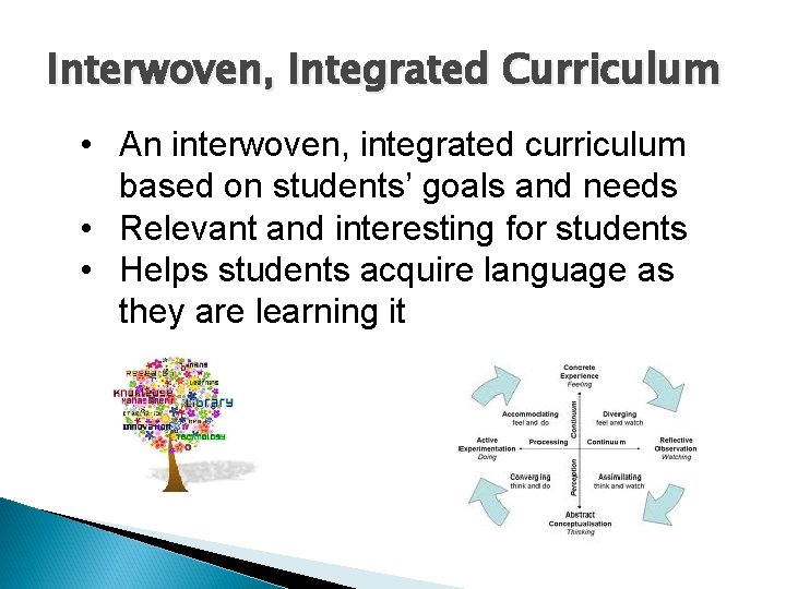 Interwoven, Integrated Curriculum • An interwoven, integrated curriculum based on students’ goals and needs