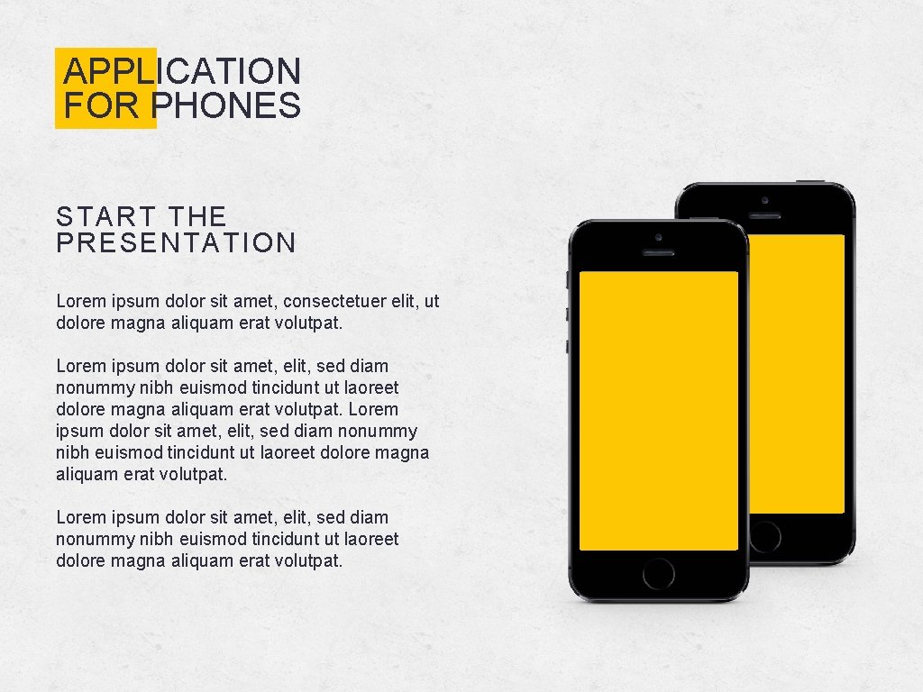 APPLICATION FOR PHONES START THE PRESENTATION Lorem ipsum dolor sit amet, consectetuer elit, ut