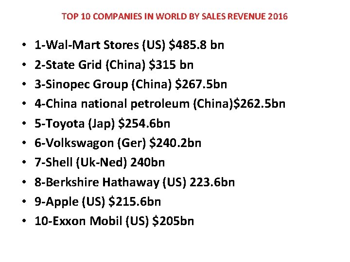 TOP 10 COMPANIES IN WORLD BY SALES REVENUE 2016 • • • 1 -Wal-Mart TOP 10 COMPANIES IN WORLD BY SALES REVENUE 2016 • • • 1 -Wal-Mart