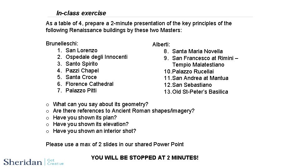 In-class exercise As a table of 4, prepare a 2 -minute presentation of the