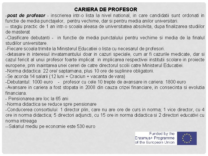 CARIERA DE PROFESOR -post de profesor - inscrierea intr-o lista la nivel national, in
