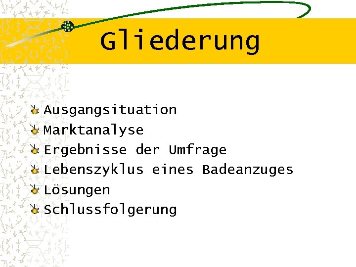 Gliederung Ausgangsituation Marktanalyse Ergebnisse der Umfrage Lebenszyklus eines Badeanzuges Lösungen Schlussfolgerung 