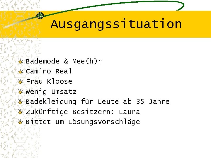 Ausgangssituation Bademode & Mee(h)r Camino Real Frau Kloose Wenig Umsatz Badekleidung für Leute ab