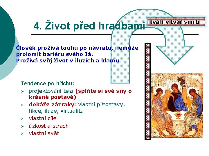 4. Život před hradbami Člověk prožívá touhu po návratu, nemůže prolomit bariéru svého Já.