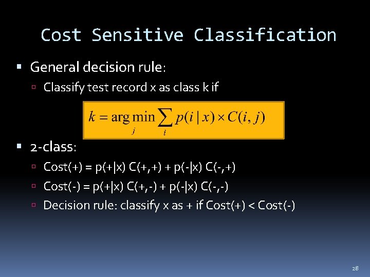 Cost Sensitive Classification General decision rule: Classify test record x as class k if