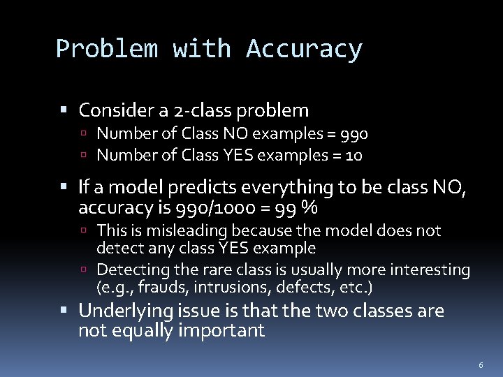 Problem with Accuracy Consider a 2 -class problem Number of Class NO examples =