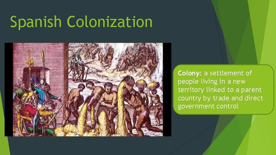 Spanish Colonization Colony: a settlement of people living in a new territory linked to