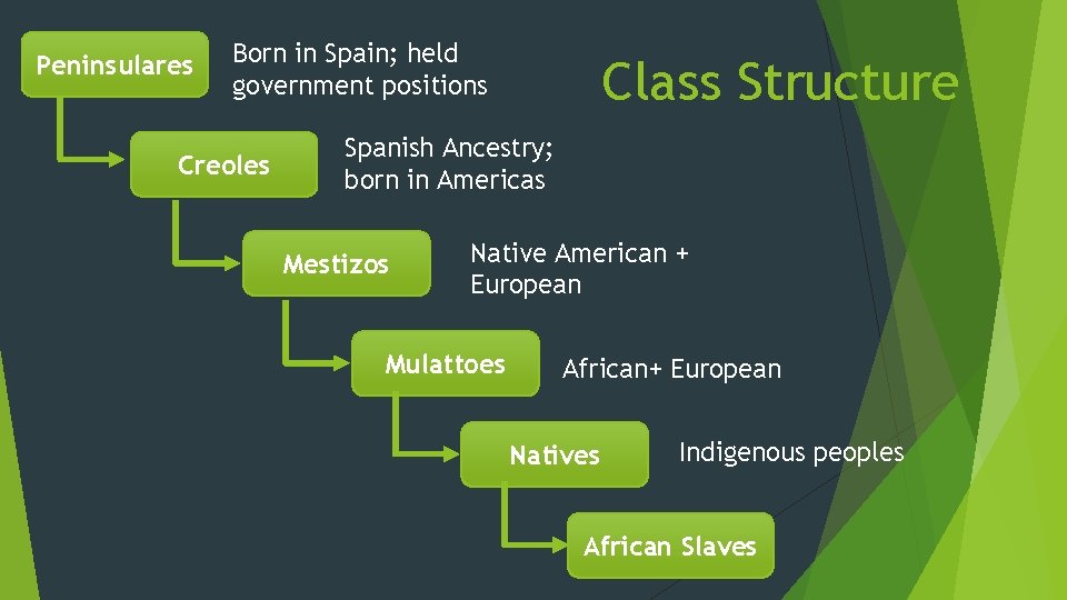 Peninsulares Born in Spain; held government positions Creoles Class Structure Spanish Ancestry; born in