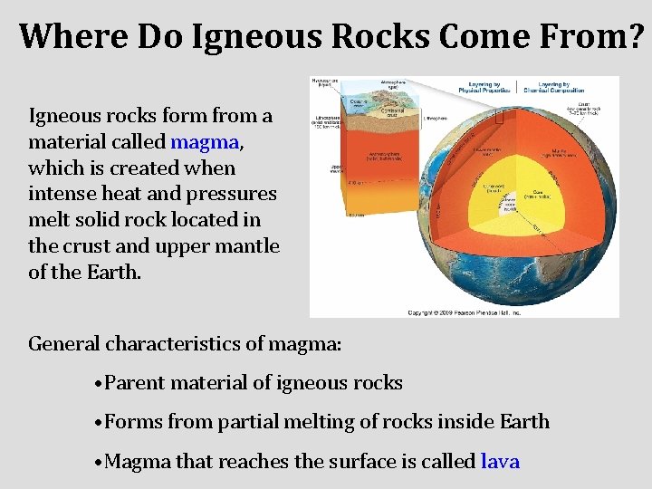 Where Do Igneous Rocks Come From? Igneous rocks form from a material called magma,
