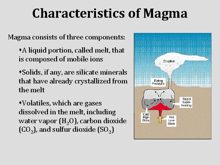 Characteristics of Magma consists of three components: s. A liquid portion, called melt, that