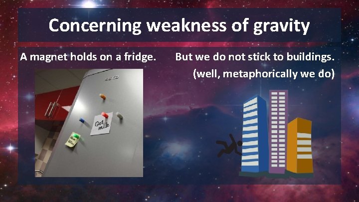 Concerning weakness of gravity A magnet holds on a fridge. But we do not