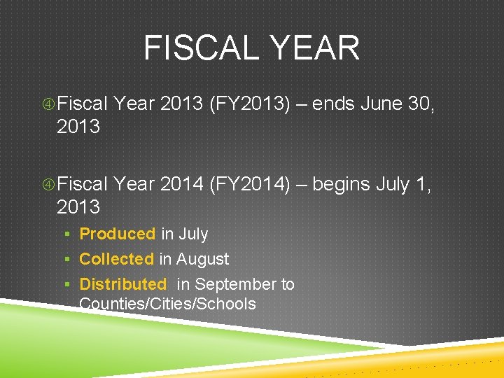 FISCAL YEAR Fiscal Year 2013 (FY 2013) – ends June 30, 2013 Fiscal Year
